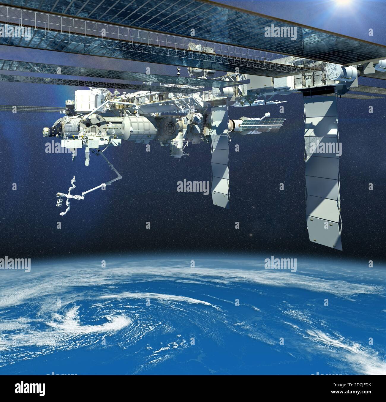 Rendering 3D della Stazione spaziale Internazionale che vola sopra la Terra, mostrando la sua architettura modulare dettagliata. Elementi di questa immagine forniti da NAS Foto Stock