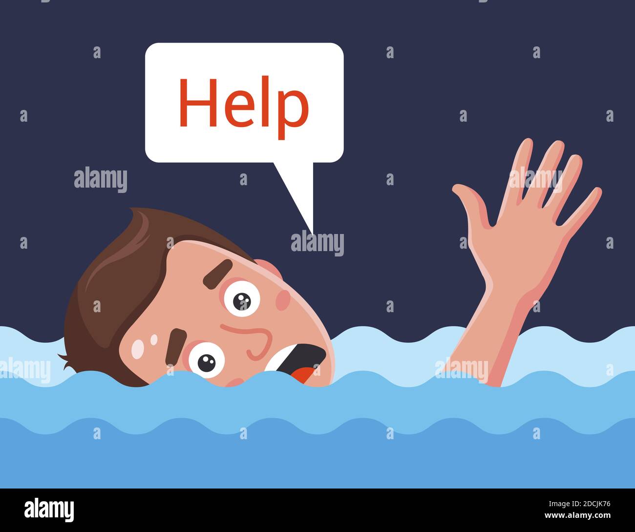 un uomo annegava in acqua e chiede aiuto. immagine vettoriale piatto. Illustrazione Vettoriale