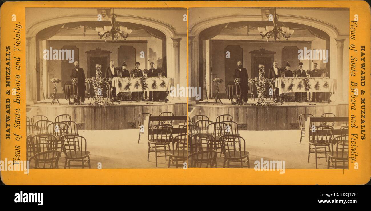 Interno della chiesa o auditorium con alcuni relatori sul palco, immagine, Stereographs, 1875, Hayward & Muzzall Foto Stock