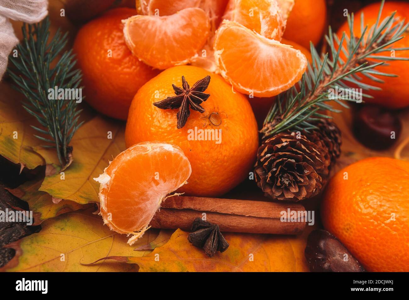 Anice stellato adagiato sul tangerino arancione. Vivace scena natalizia con mandarini, cannella, rami di abete e coni. Vita morta Foto Stock