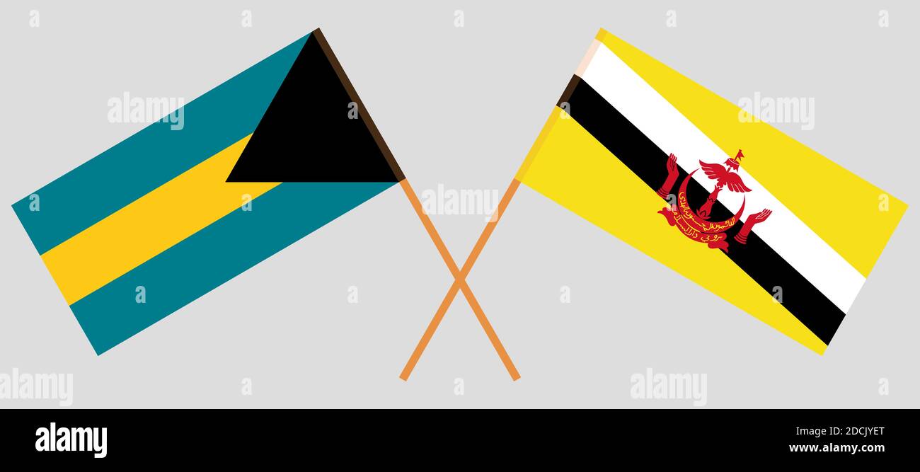 Bandiere incrociate di Brunei e Bahamas. Colori ufficiali. Proporzione corretta. Illustrazione vettoriale Illustrazione Vettoriale