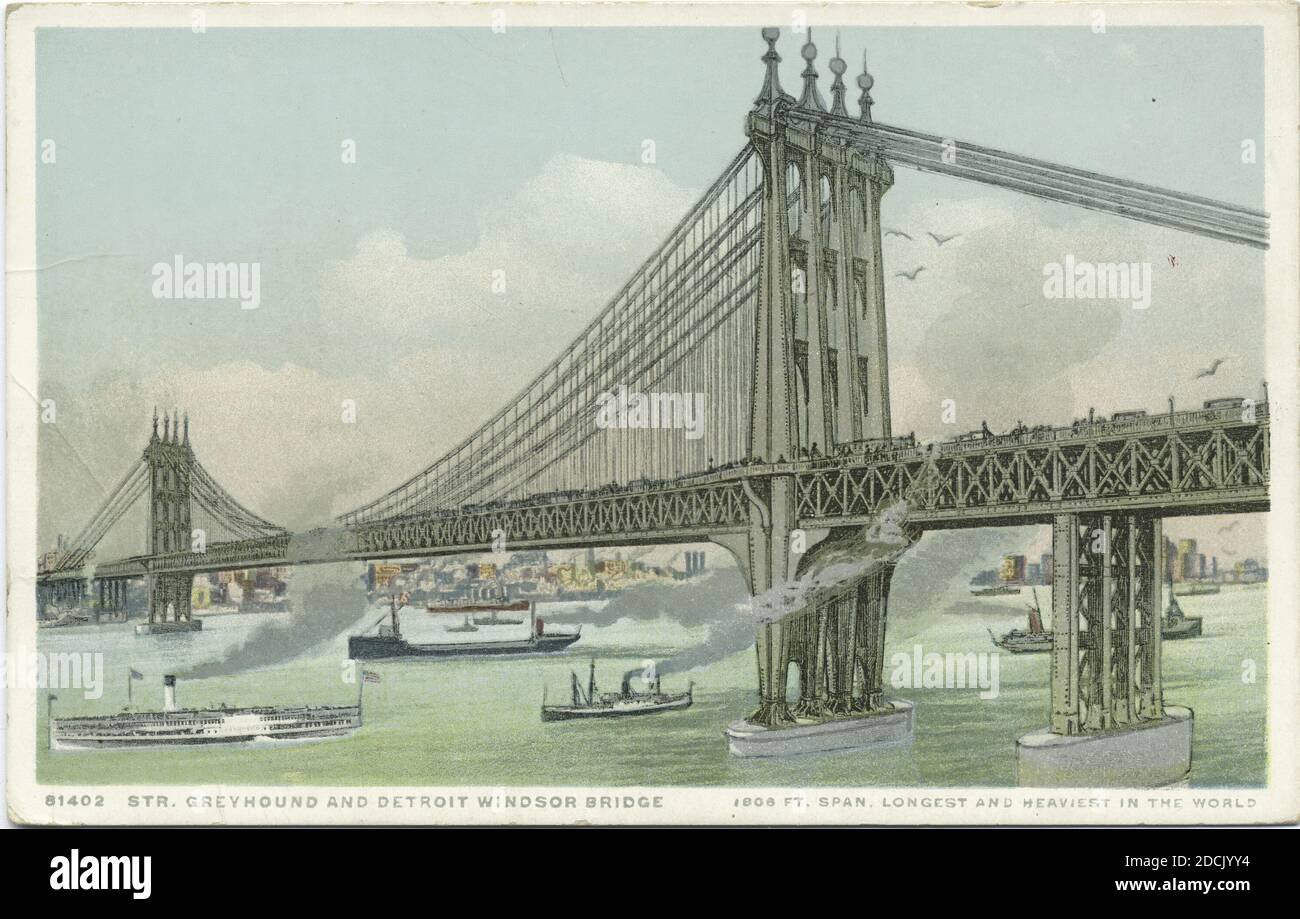 Greyhound e Detroit Windsor Bridge, 1000 metri Campata, la più lunga e pesante del mondo, Michigan, immagine fissa, Cartoline, 1898 - 1931 Foto Stock