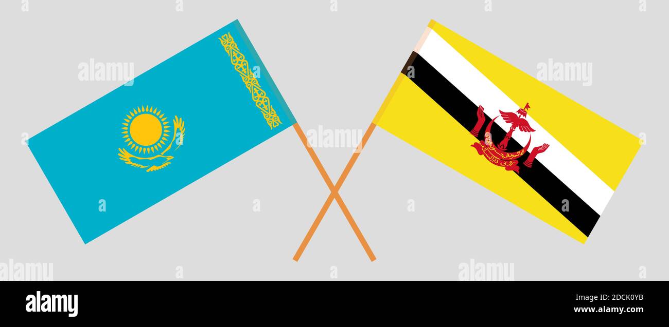Bandiere incrociate del Brunei e del Kazakistan. Colori ufficiali. Proporzione corretta. Illustrazione vettoriale Illustrazione Vettoriale