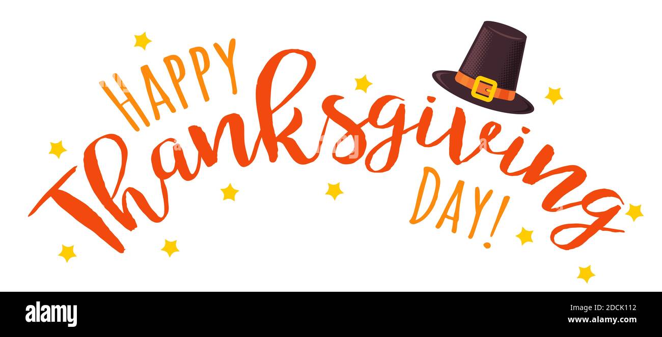 Illustrazione vettoriale di un felice testo del Ringraziamento con cappello di vacanza. Buon giorno del Ringraziamento! Foto Stock