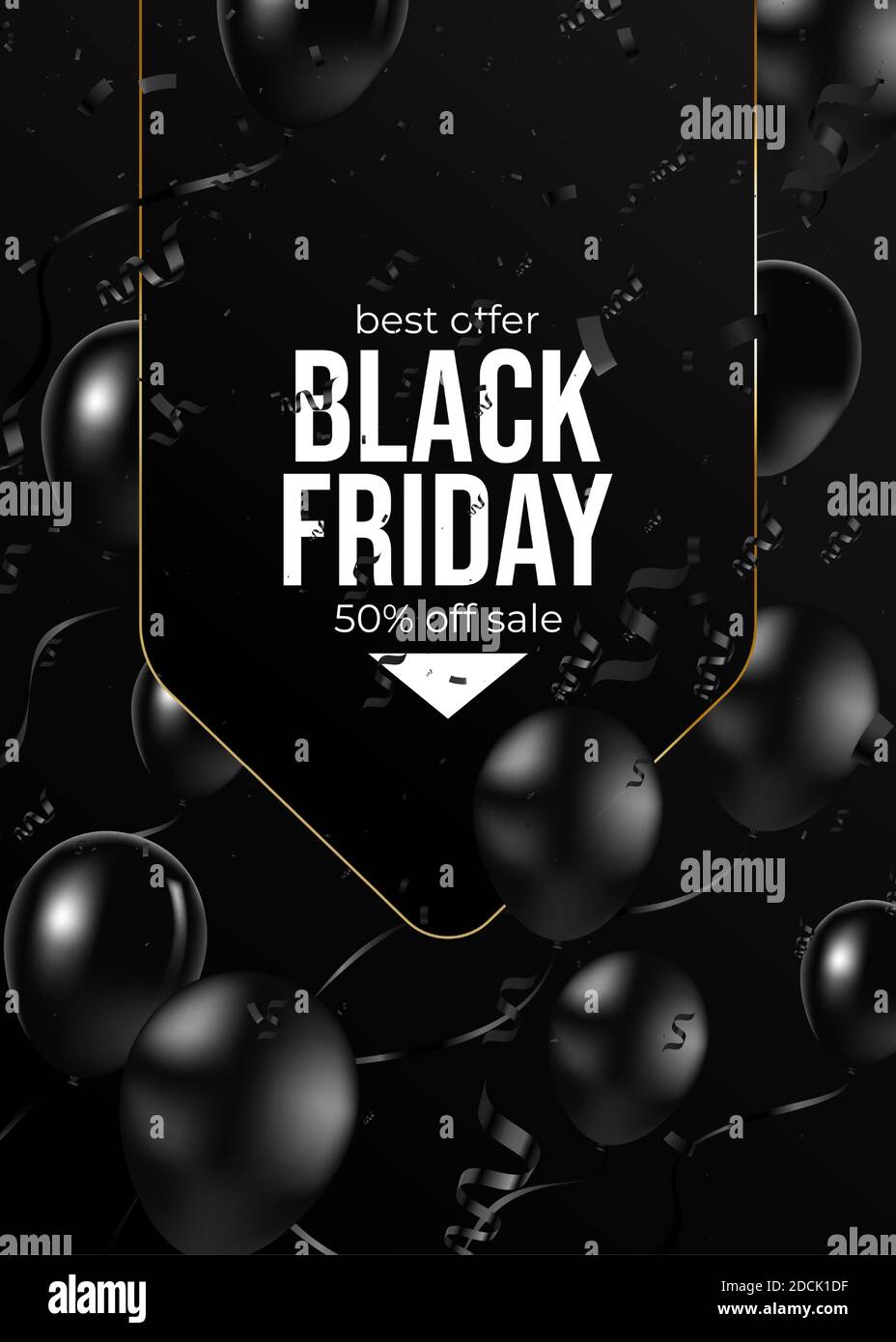 Banner del Black Friday, illustrazione vettoriale. Puntini con glitter oro, cornice di lusso, testo calligrafico dorato, palloncini neri realistici. Elementi di disegno grafico Illustrazione Vettoriale
