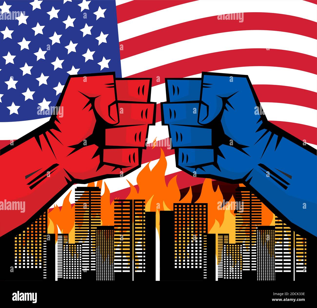 I pugni repubblicani contro democratici per il presidente americano sullo sfondo bruciarono la città e la bandiera degli Stati Uniti . Vettore Illustrazione Vettoriale