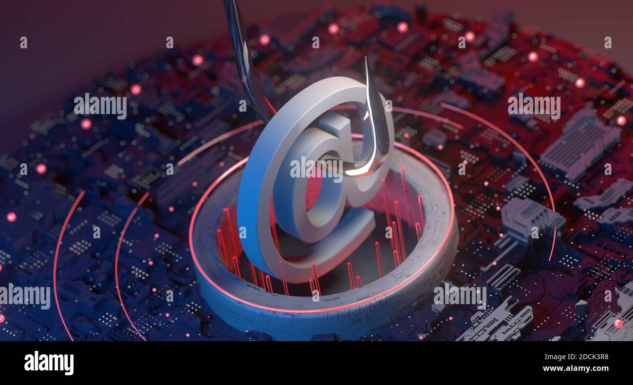 Sicurezza digitale phishing e-mail. La tecnologia di comunicazione è compromessa dagli attacchi alla sicurezza informatica. Sicurezza dei dati online Foto Stock