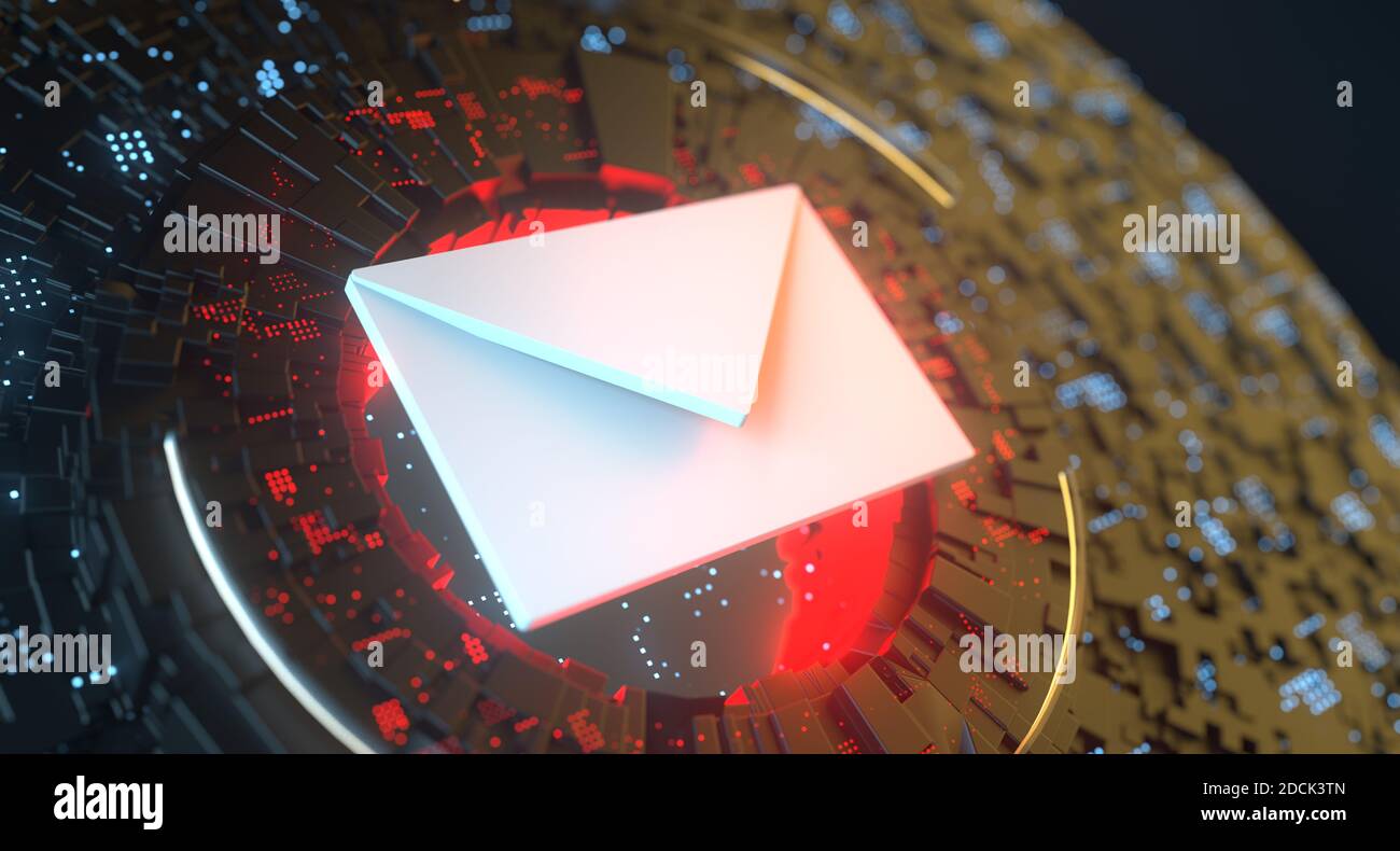 Sicurezza digitale phishing e-mail. La tecnologia di comunicazione è compromessa dagli attacchi alla sicurezza informatica Foto Stock