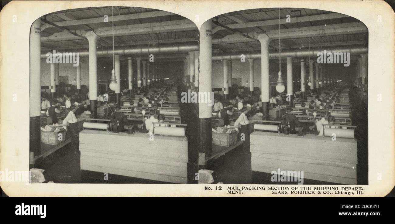 Sezione di imballaggio della posta del reparto di spedizione. Sears, Roebuck & Co., Chicago, Ill., still image, Stereographs, 1850 - 1930 Foto Stock
