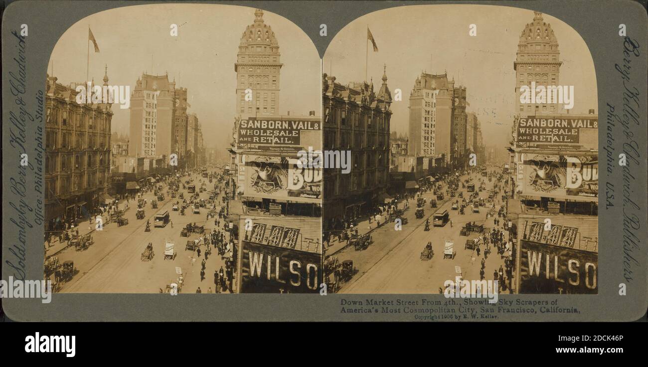Giù Market Street, dal 4 °, che mostra i grattacieli della città più cosmopolita d'America, San Francisco, California., immagine, Stereographs, 1850 - 1930 Foto Stock