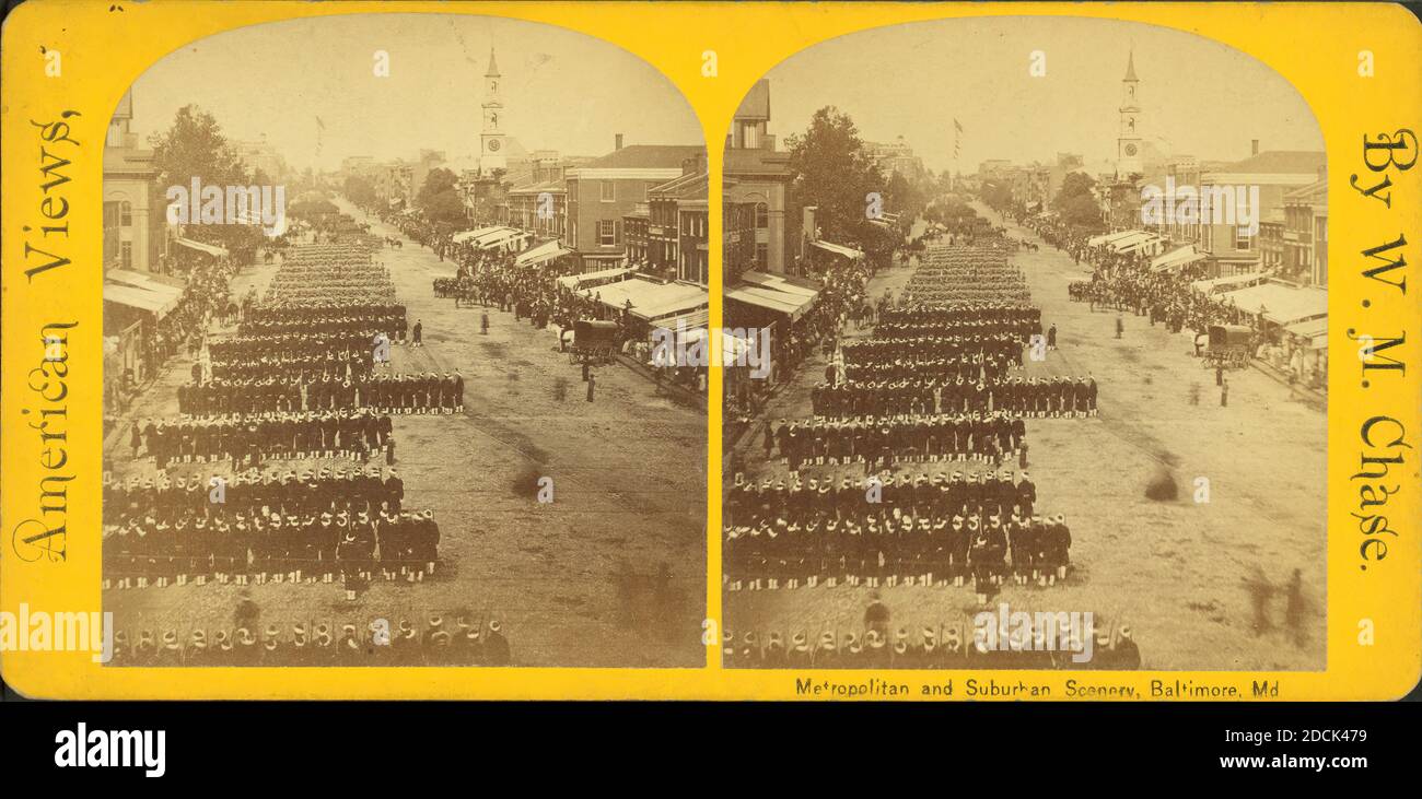 Parata militare, marcia in colonna, Broadway., immagine fissa, Stereographs, 1880, Chase, W. M. (William M.) (circa 1818-1901 Foto Stock