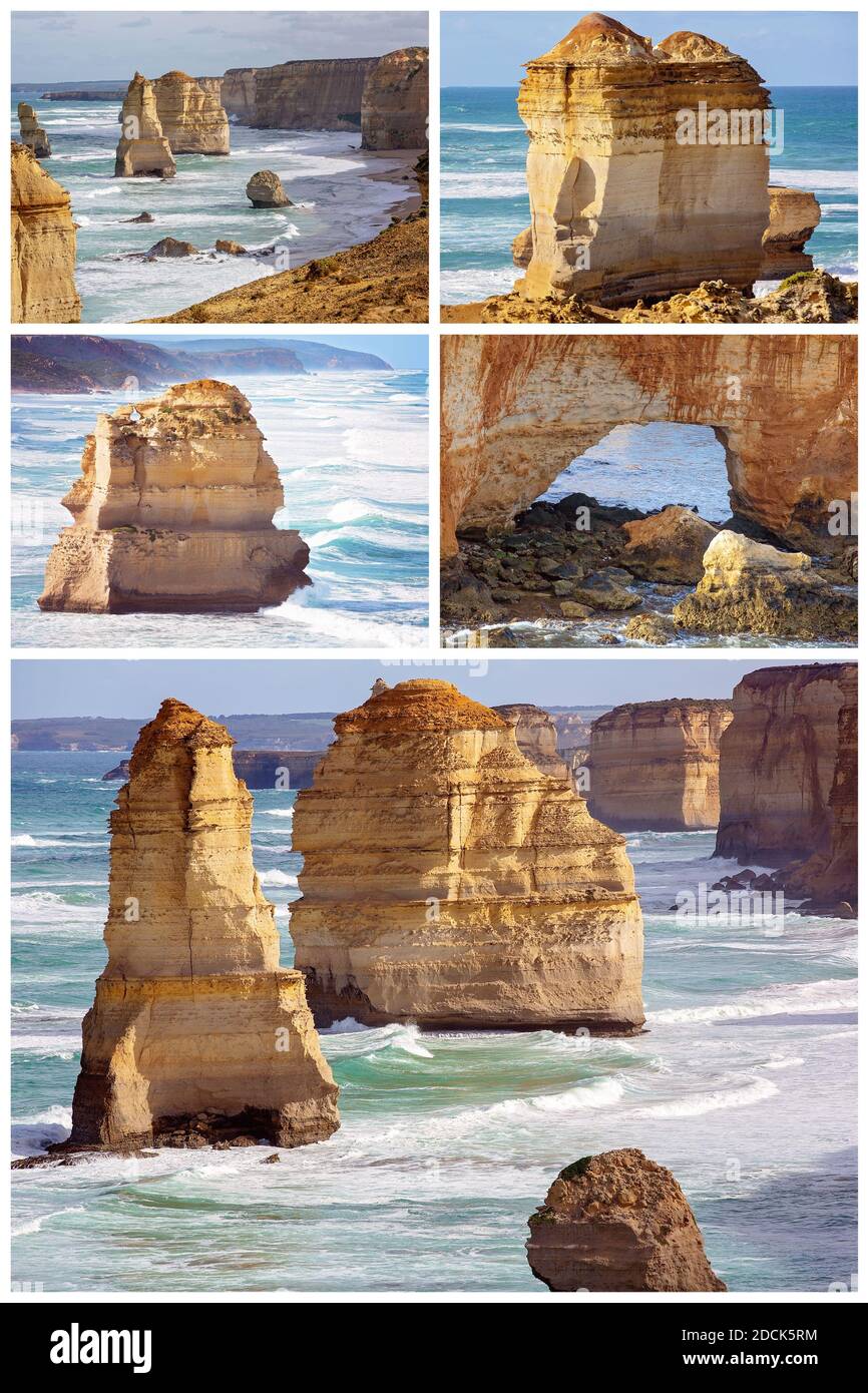 Collage della splendida costa vittoriana della Great Ocean Road, una famosa destinazione turistica Foto Stock