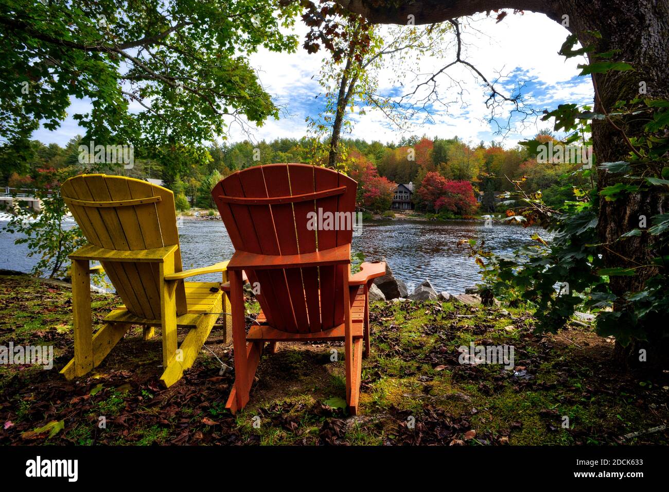 Due sedie Adirondack seduta su una riva del fiume con alberi sullo sfondo Foto Stock