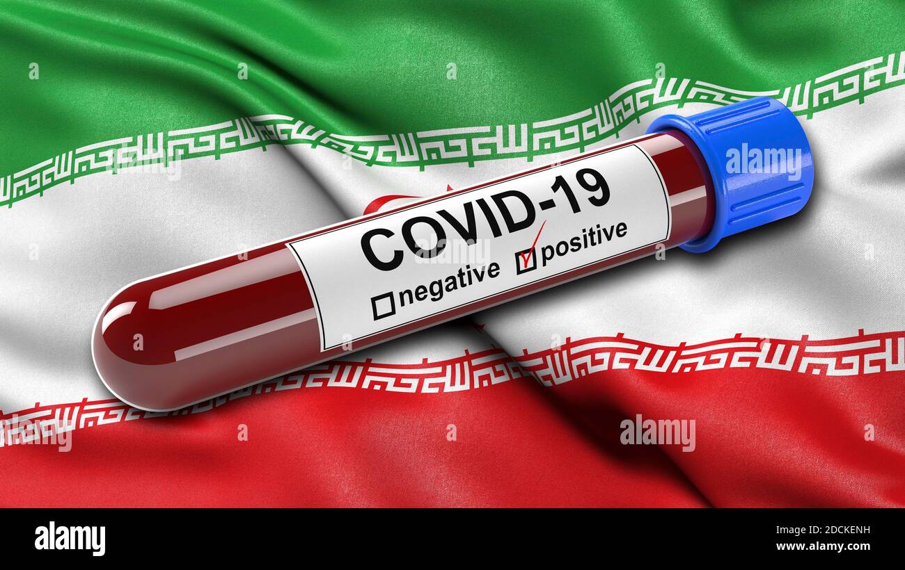 Bandiera dell'Iran che sventolava nel vento con una provetta per analisi del sangue COVID-19 positiva. Illustrazione 3D Foto Stock