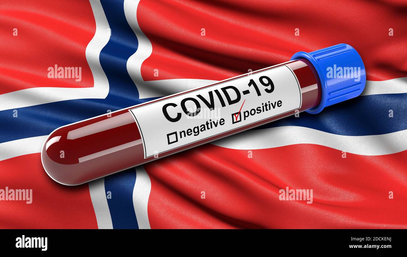 Bandiera della Norvegia che oscilla nel vento con una provetta per analisi del sangue COVID-19 positiva. Illustrazione 3D Foto Stock