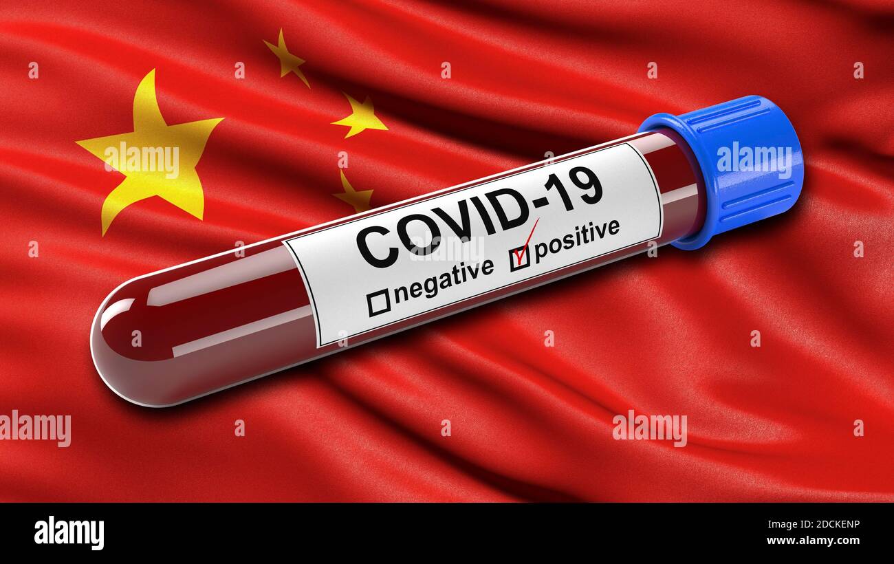 Bandiera della Cina che sventolava nel vento con una provetta per analisi del sangue COVID-19 positiva. Illustrazione 3D Foto Stock