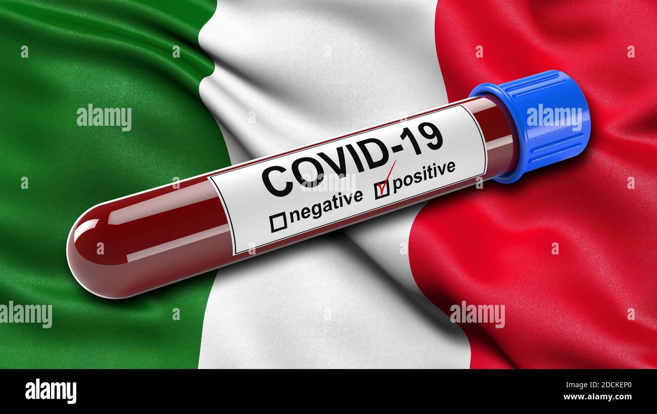 Bandiera d'Italia che oscilla nel vento con una provetta per analisi del sangue COVID-19 positiva. Illustrazione 3D Foto Stock