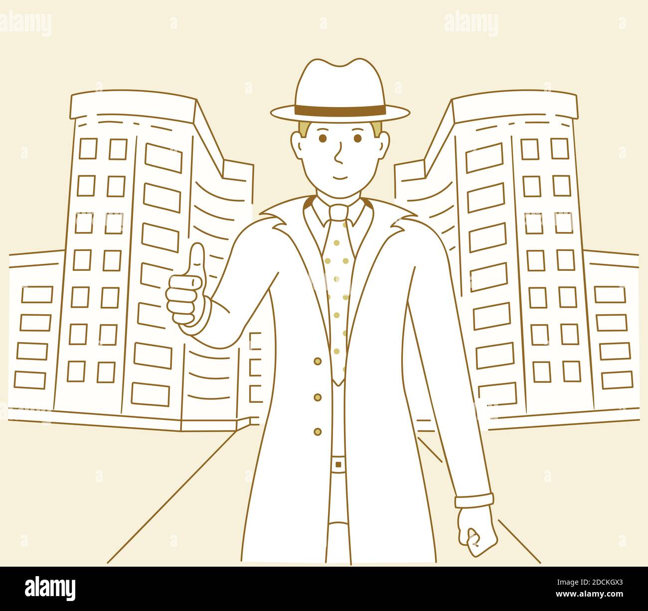 Illustrazione vettoriale di un uomo che mostra i pollici sullo sfondo di un edificio architettonico. Uomini detective e città cartoni animati arte Illustrazione Vettoriale