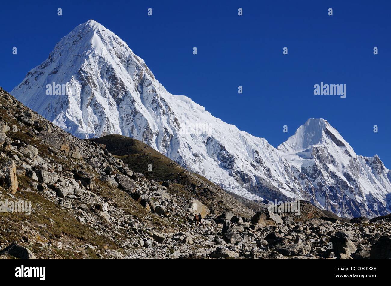Vista sulle montagne innevate dell'Himalaya. Trekking EBC - Everest base Camp. Foto Stock