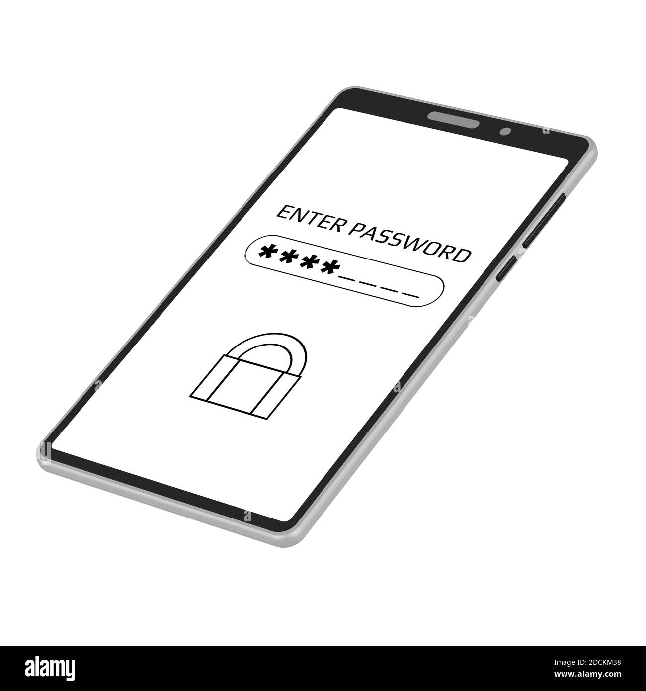 Immettere il concetto di password sullo schermo del telefono cellulare in proiezione isometrica isolata in bianco. Smartphone con campo password e asterischi. Vettore. Illustrazione Vettoriale