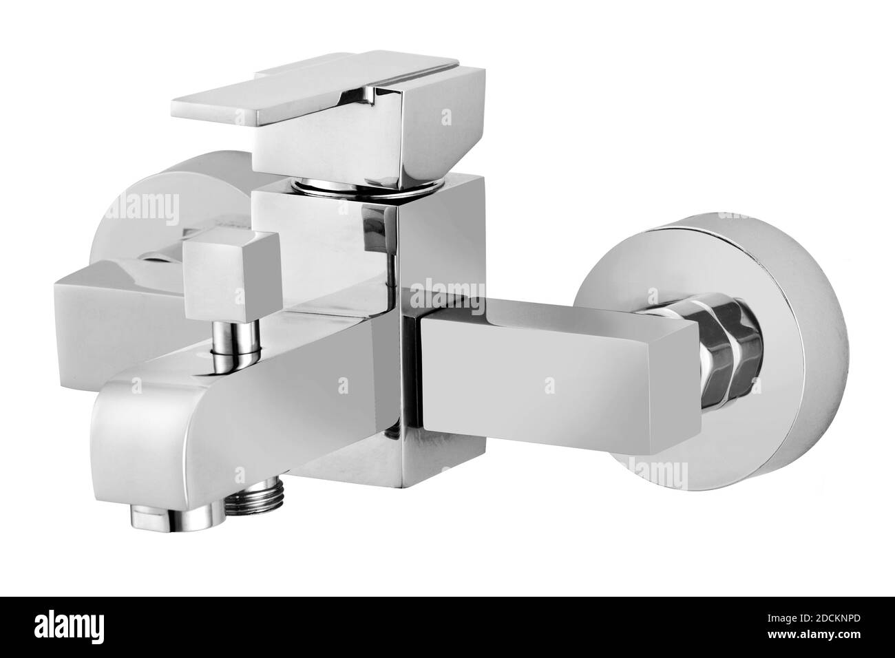Rubinetto metallico lucido su sfondo bianco Foto Stock