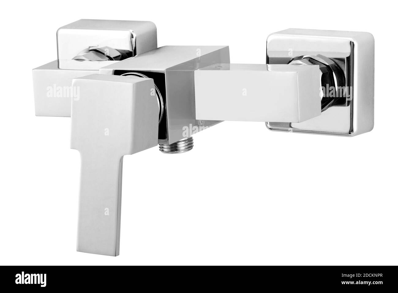 Rubinetto metallico lucido su sfondo bianco Foto Stock