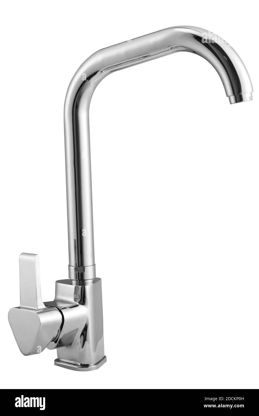 Rubinetto metallico lucido su sfondo bianco Foto Stock