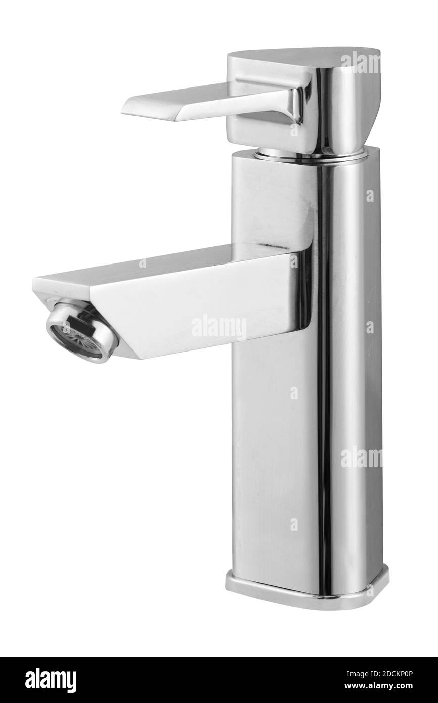 Rubinetto metallico lucido su sfondo bianco Foto Stock