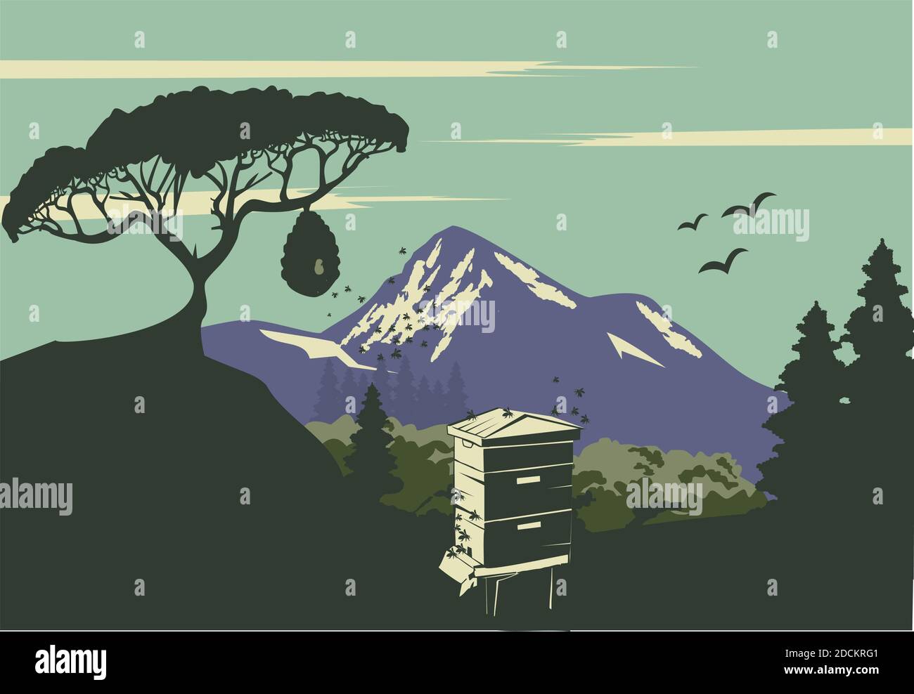Langstroth beehive blu montagna paesaggio formato vettoriale, adatto per le vostre esigenze di design, logo, illustrazione, animazione, t-shirt design ecc Illustrazione Vettoriale