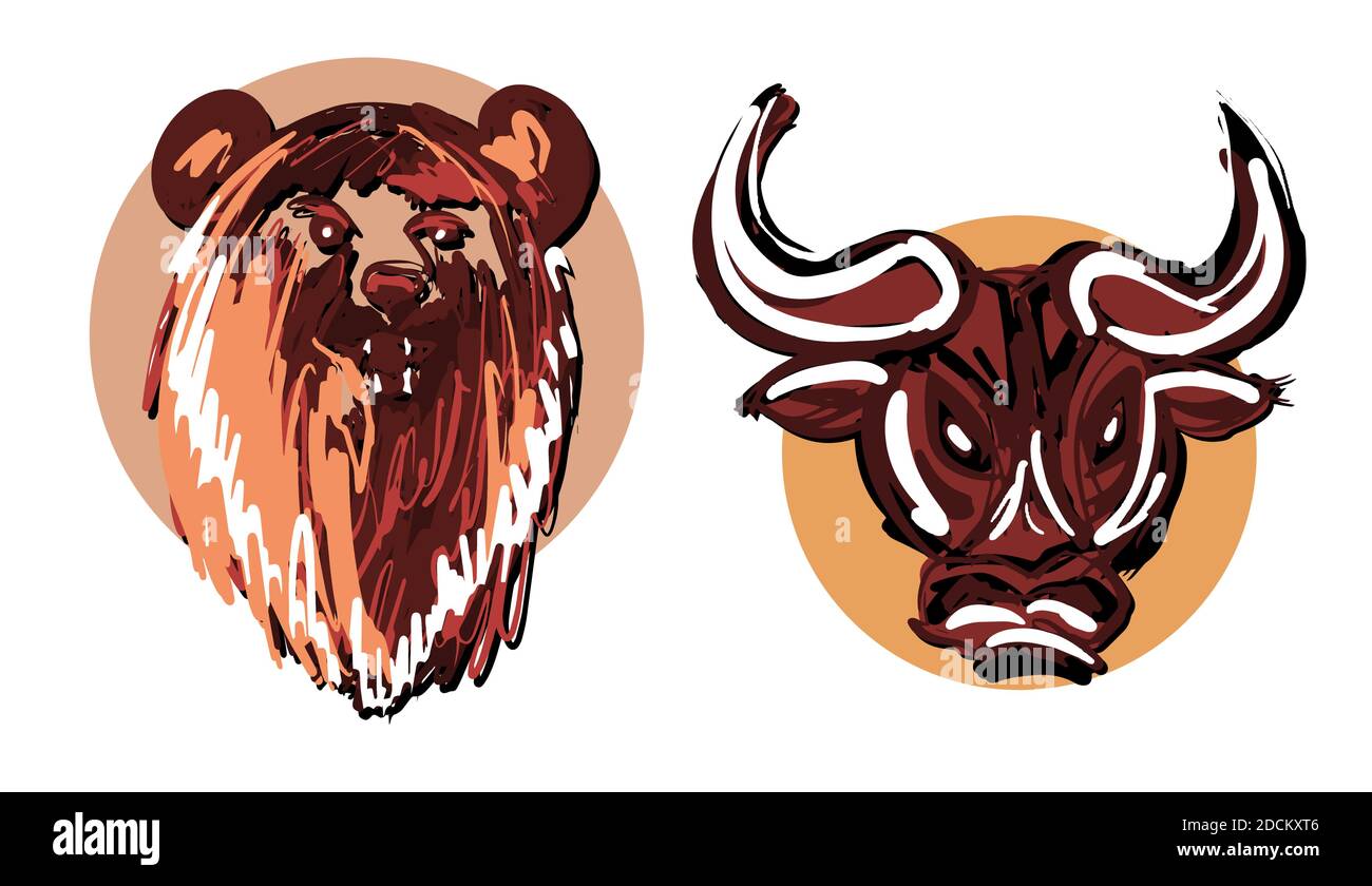 Teste di orso e di toro disegnate a mano in cerchi isolati su sfondo bianco come un simbolo del mercato ribassista e ribassista, eps10 illustrazione vettoriale. Illustrazione Vettoriale