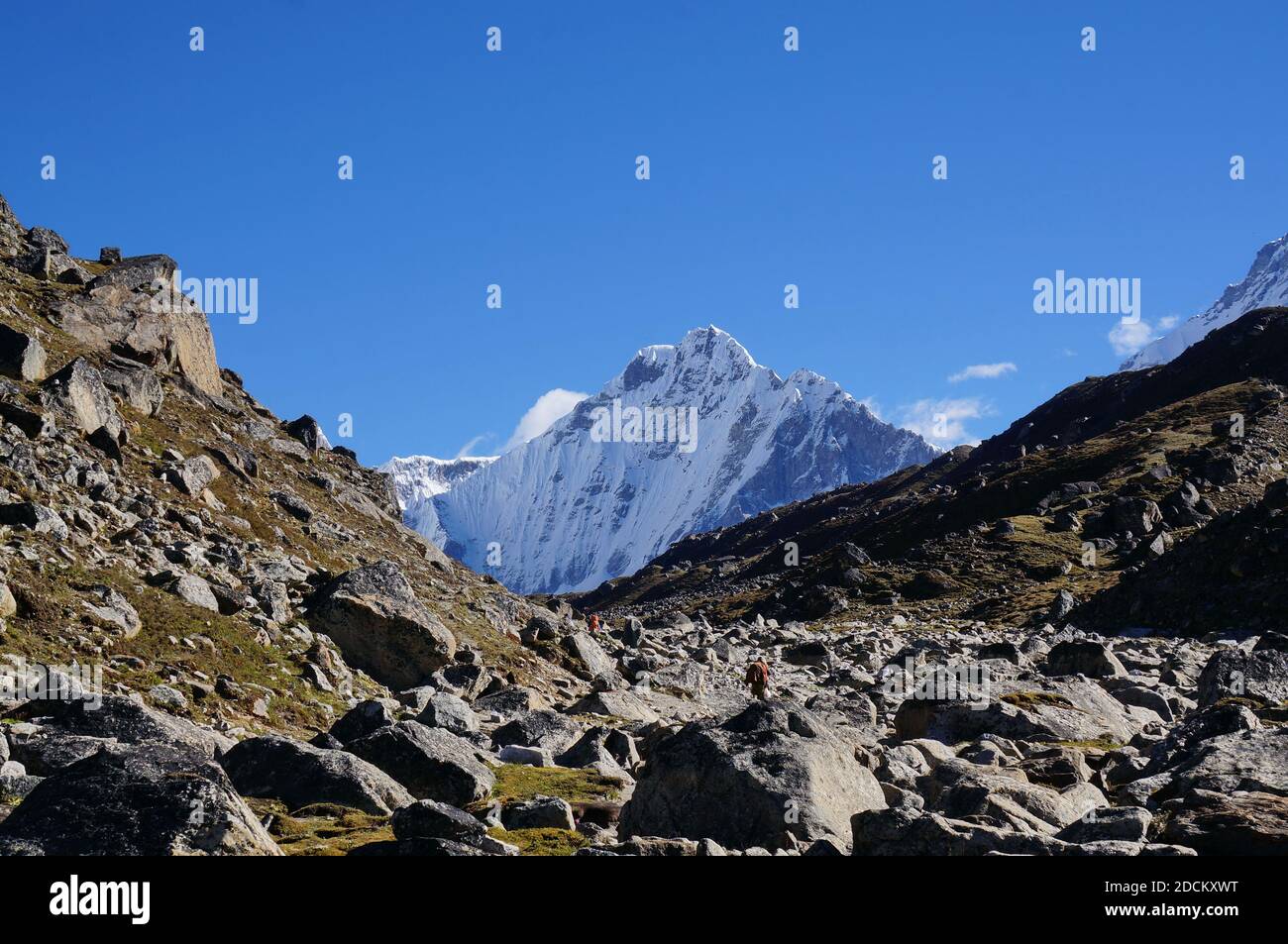 I turisti camminano sulla valle sullo sfondo delle montagne innevate dell'Himalaya durante il trekking EBC (Everest base Camp). Foto Stock