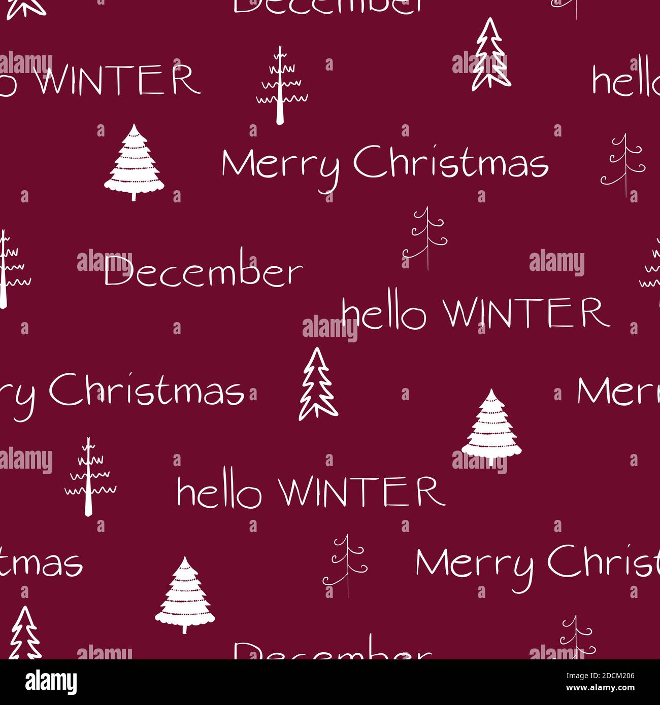 Ciao inverno, dicembre, buon Natale testo con alberi bianchi su sfondo rosso. Illustrazione Vettoriale