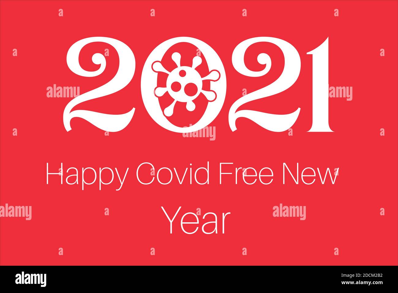 Happy covid gratuito nuovo anno 2021 su sfondo rosso con un logo del virus Illustrazione Vettoriale