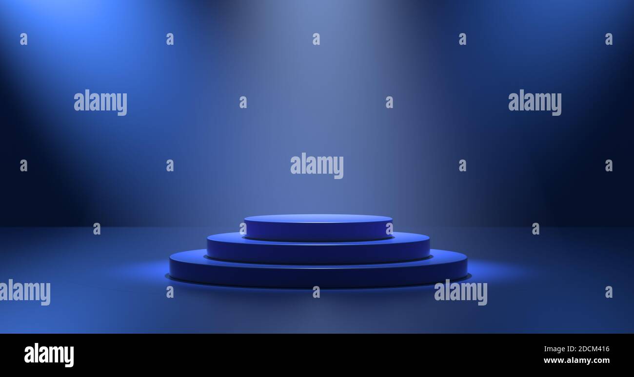 Vista in primo piano della piattaforma rotonda blu vuota per la pubblicità dei prodotti. Piedistallo ombreggiato 3D, luce dall'alto. Sfondo blu scuro. Foto Stock