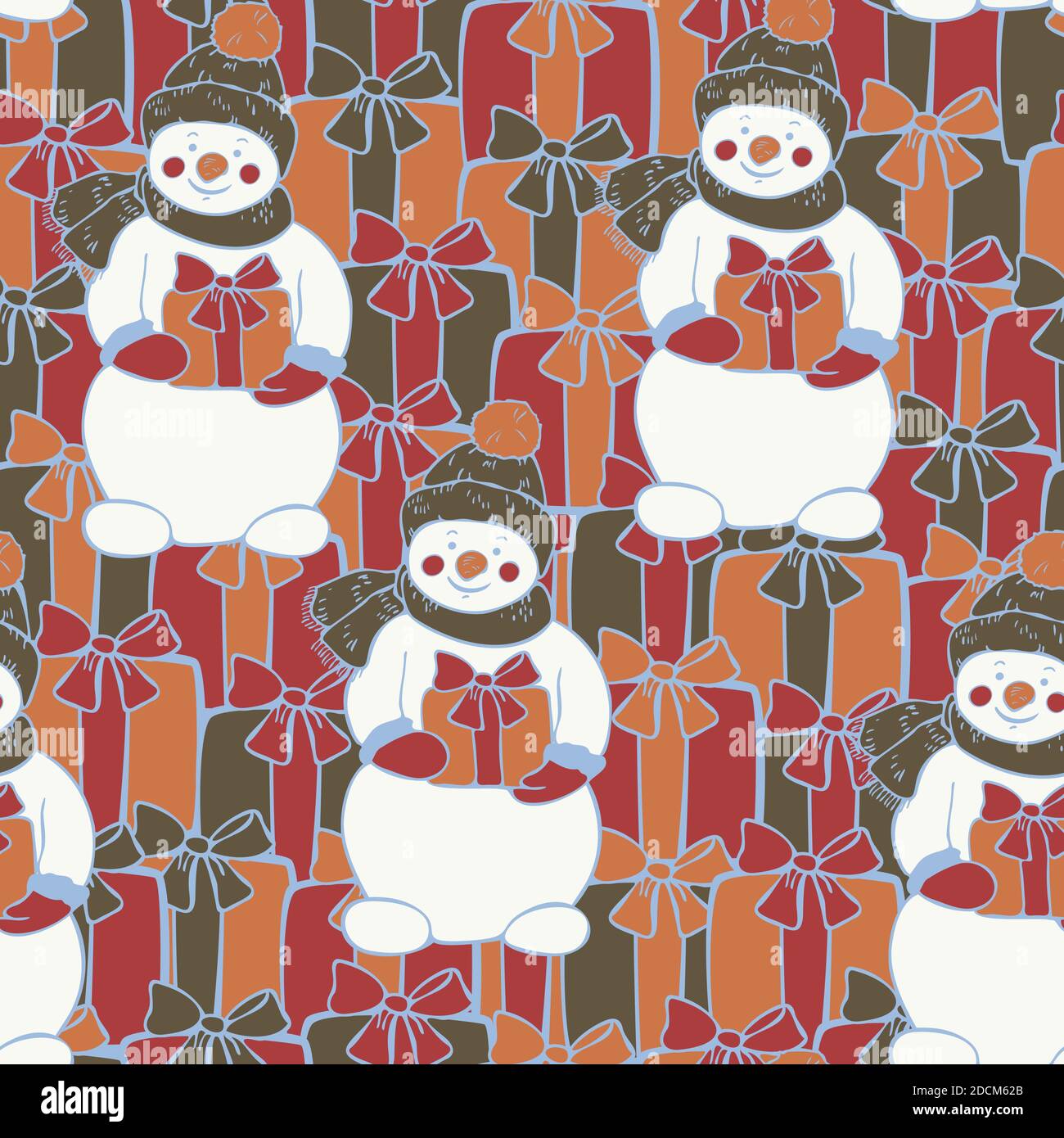 Modello vettoriale senza giunture di pupazzo di neve che tiene la scatola del regalo con sfondo delle scatole del regalo. Design per la carta da imballaggio per regali di Natale. Illustrazione Vettoriale