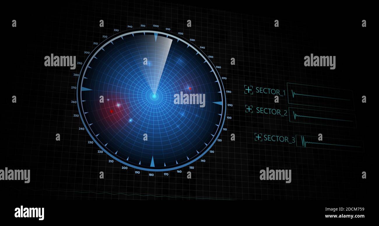 Velivoli nemici o navi rilevate dalla scansione radar, velocità dell'oggetto e monitoraggio della posizione. Scansione di oggetti tramite radar. concetto di risoluzione 4k. Foto Stock