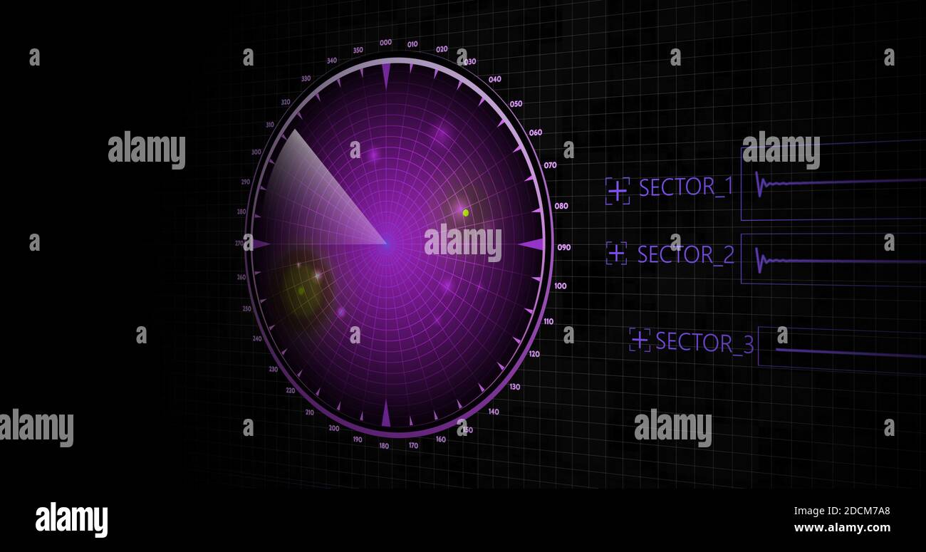Velivoli nemici o navi rilevate dalla scansione radar, velocità dell'oggetto e monitoraggio della posizione. Scansione di oggetti tramite radar. concetto di risoluzione 4k. Foto Stock