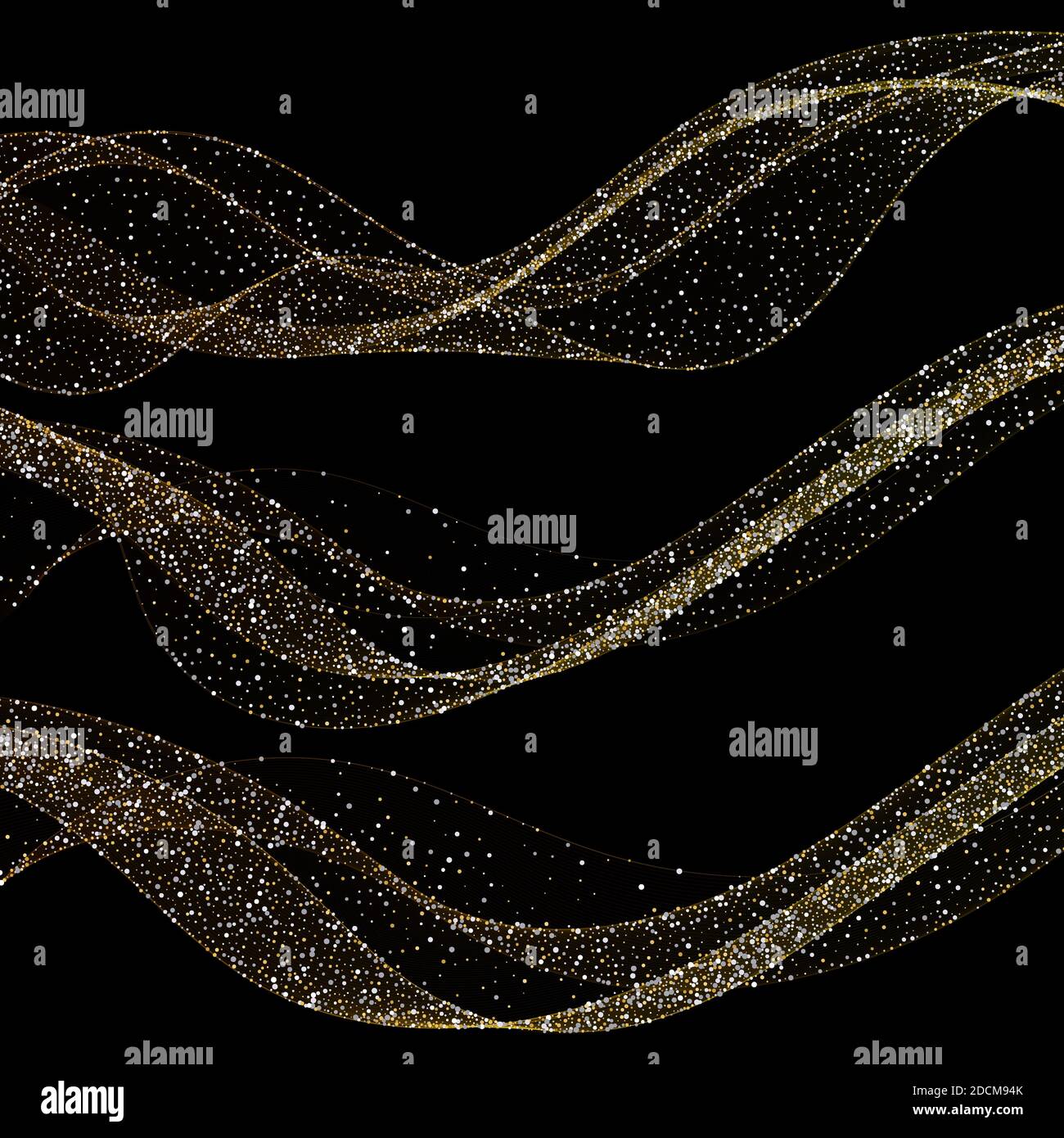 Set di spray oro e argento. Onde su sfondo nero. Design lucido Foto Stock