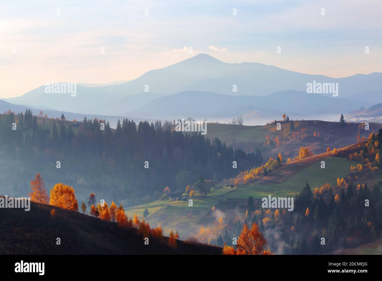 Incredibile scenario autunnale. Paesaggio con alte montagne, campi e foreste ricoperti di nebbia mattutina. Il prato è illuminato dai raggi solari. Turistico Foto Stock