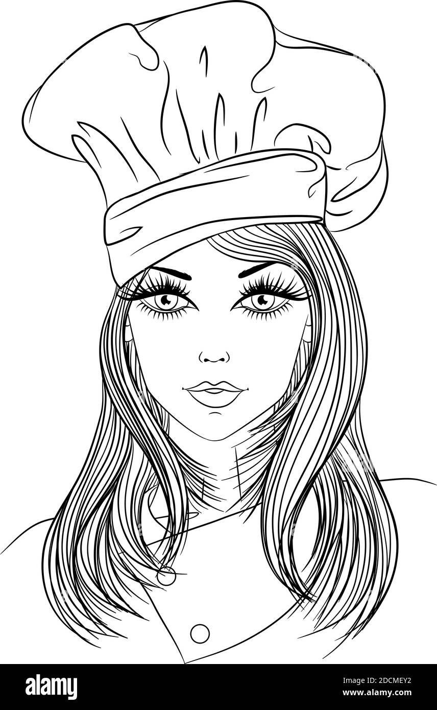 Professione. Ritratto di una giovane bella donna chef in cappelli chef.  Illustrazione vettoriale a disegno lineare isolata su sfondo bianco Immagine  e Vettoriale - Alamy