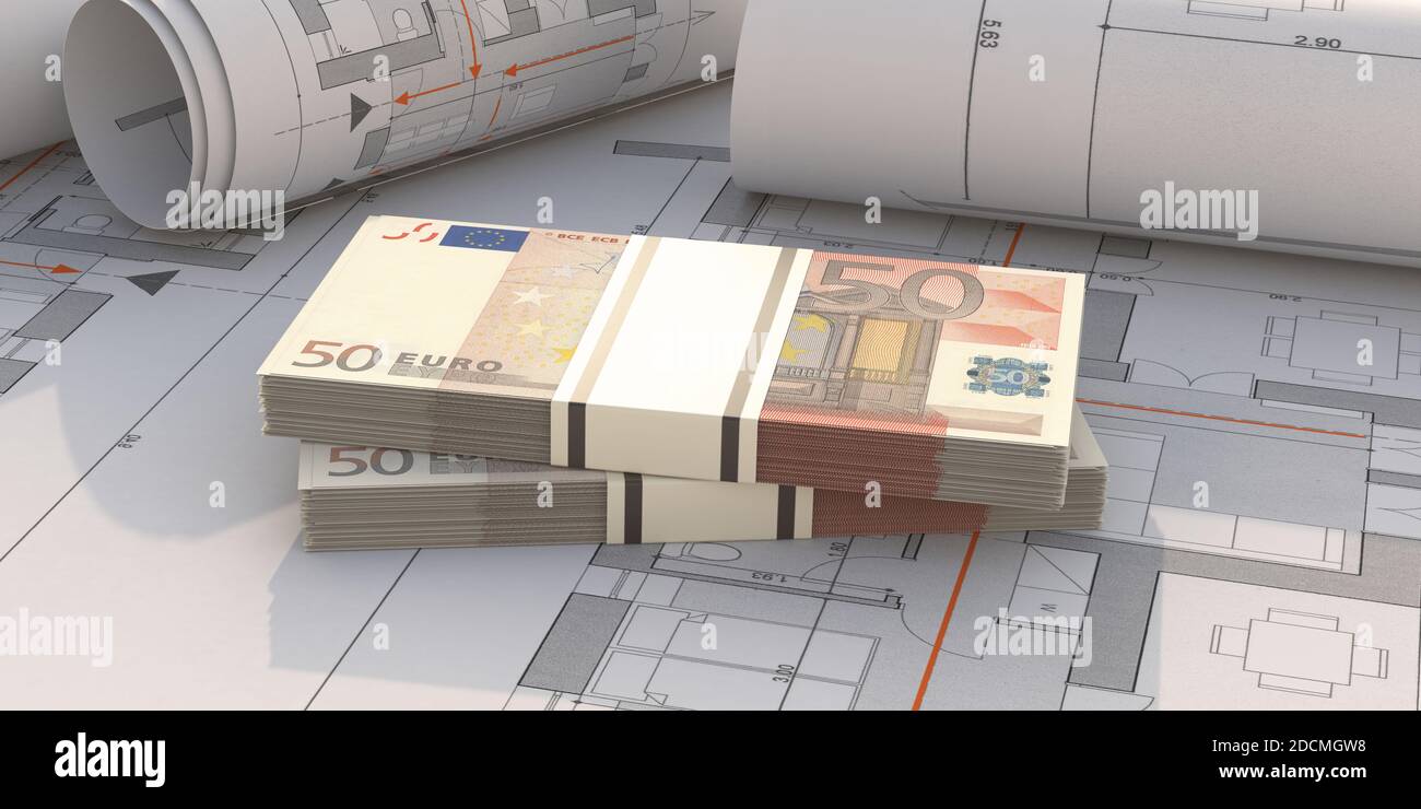 Costo del progetto di costruzione, budget o concetto di prestito. Moneta banconote in euro europee su piani di base. illustrazione 3d Foto Stock