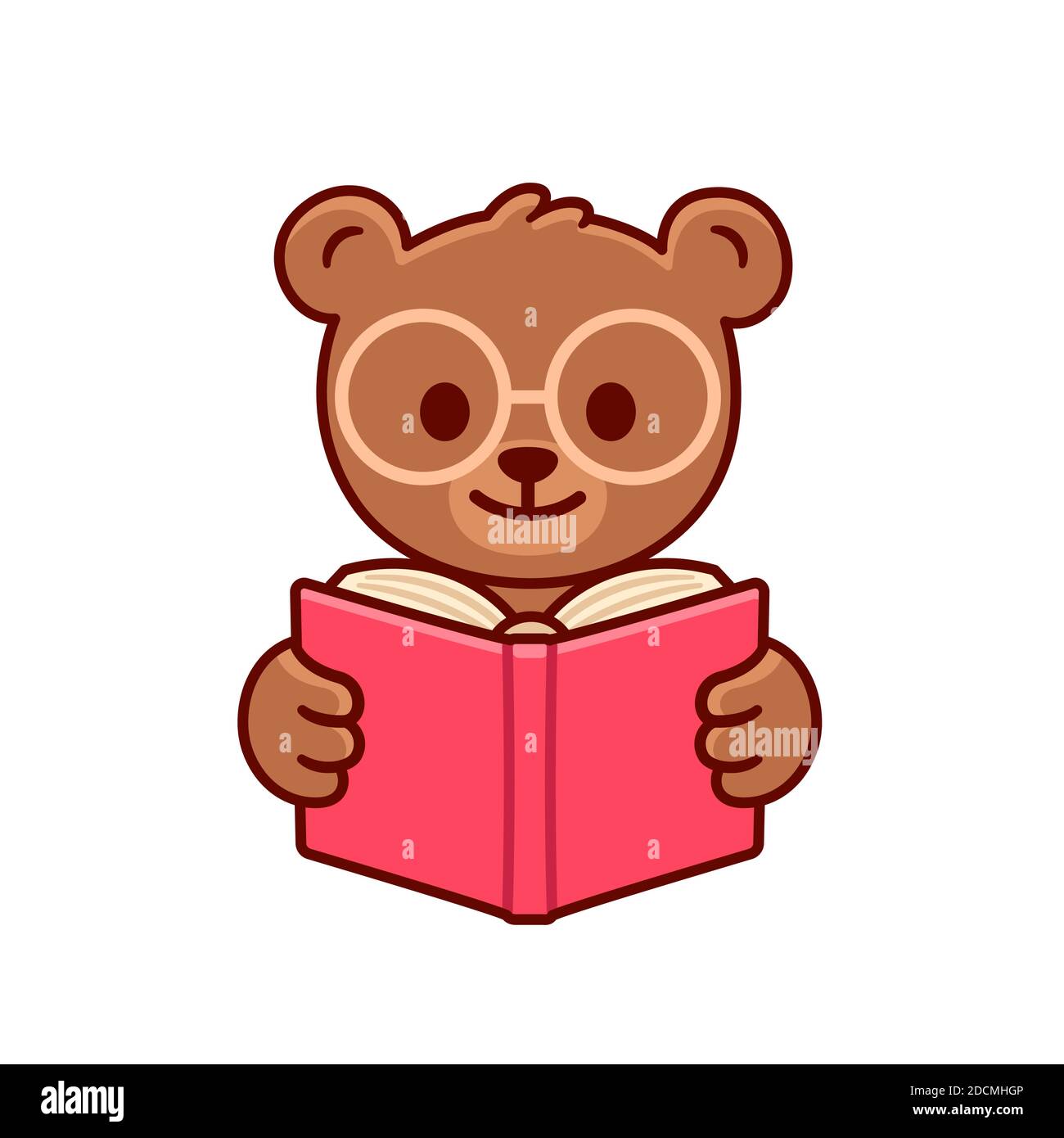 Carino orsacchiotto di cartoni animati in occhiali (orso con occhiali) leggendo un libro. Adorabile illustrazione per bambini, isolato vettore clip art. Illustrazione Vettoriale