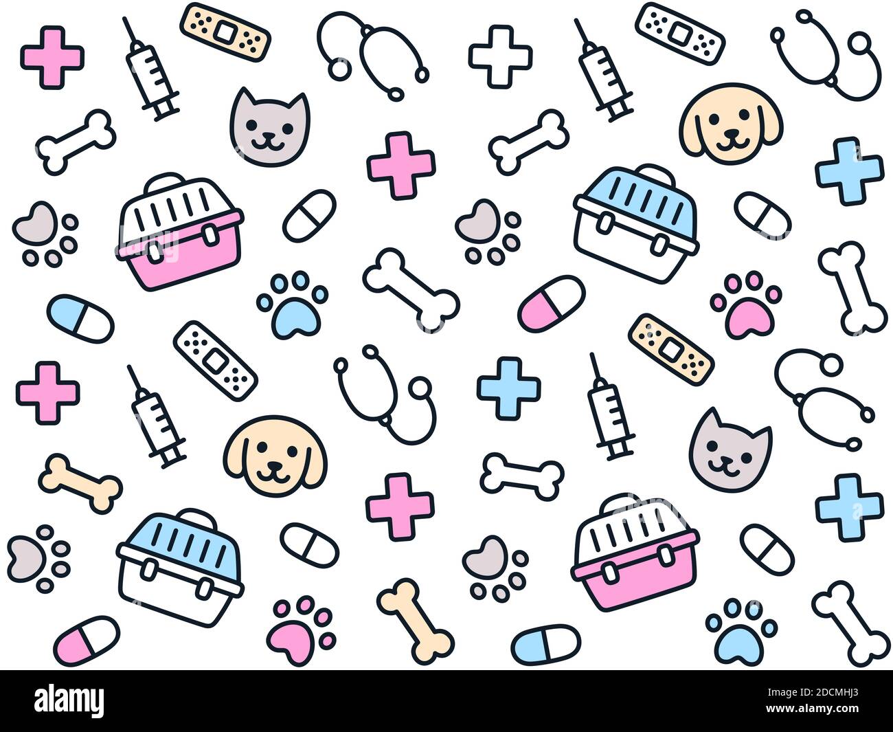 Cute vet motivo senza cuciture. Sfondo disegnato a mano delle facce degli animali domestici e delle attrezzature veterinarie. Illustrazione Vettoriale