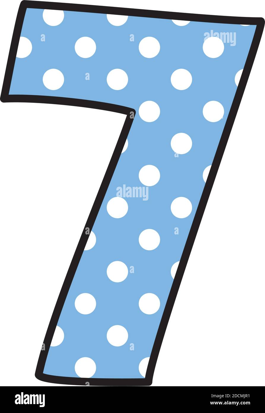 Vettore disegnato a mano numero 7 con punti polka su pastello blu isolato su sfondo bianco Illustrazione Vettoriale