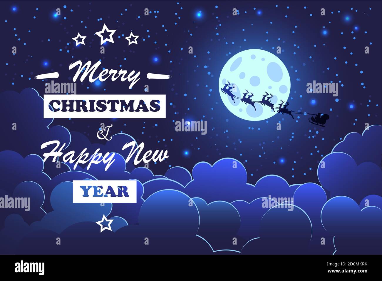 Buon Natale e buon Capodanno biglietto d'auguri. Babbo Natale in una slitta con renne vola nel cielo sopra le nuvole accanto alla grande luna. Illustrazione Vettoriale