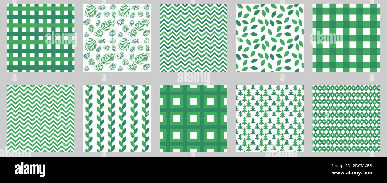Set di motivi senza giunture in gingham verde. Sfondi vettoriali quadrati geometrici e floreali 10 per tovaglie, tovaglioli e altri prodotti tessili. Illustrazione Vettoriale
