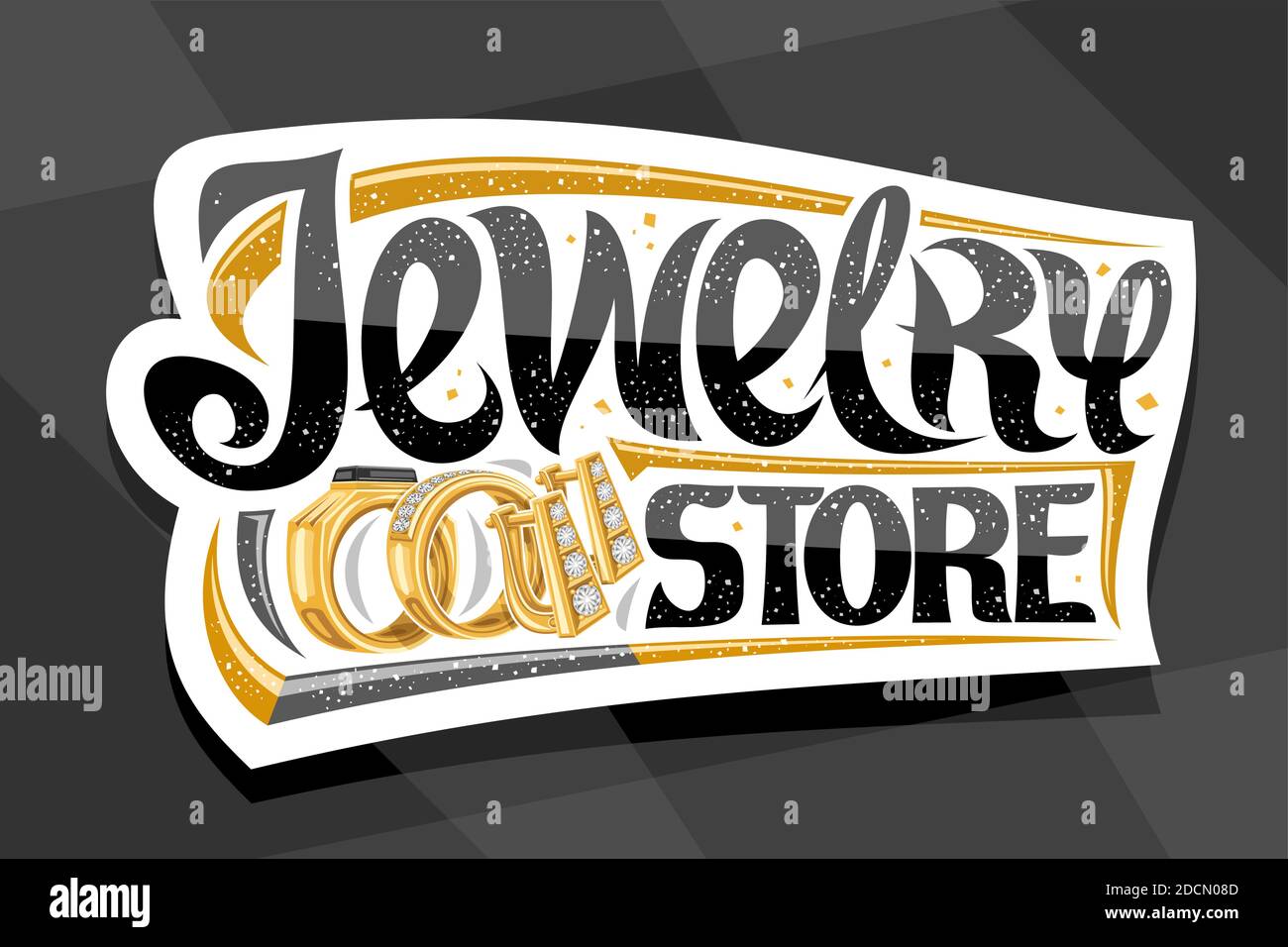 Logo vettoriale per Jewellery Store, cartellone decorativo con illustrazione di anelli dorati con pietra preziosa nera e diamanti, orecchini con engli Illustrazione Vettoriale