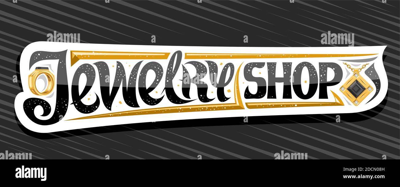 Banner vettoriale per gioielleria, cartellone decorativo bianco con illustrazione dell'anello dorato del dito e pendente con pietra preziosa nera su catena, un Illustrazione Vettoriale