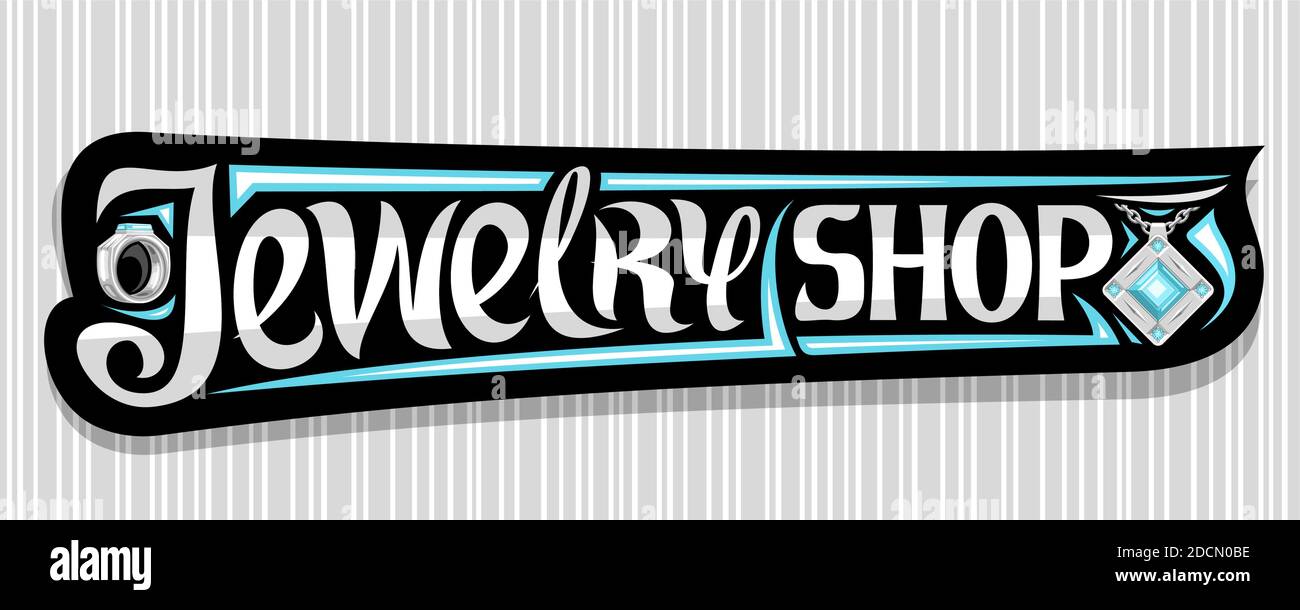 Banner vettoriale per gioielleria Shop, cartellone decorativo scuro con illustrazione dell'anello di platino e pendente con pietra preziosa blu su catena, un Illustrazione Vettoriale