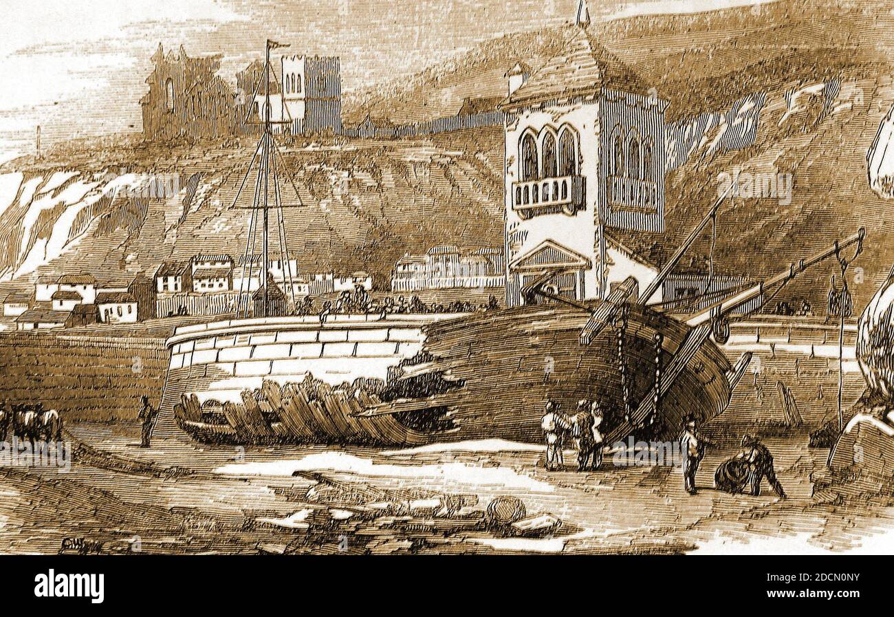 Un'incisione del 1851 che mostra i relitti delle navi Mary e Hope, vicino alla stazione di guardia costiera di Whitby, Yorkshire, Regno Unito whitby nella Grande tempesta di quell'anno. Foto Stock